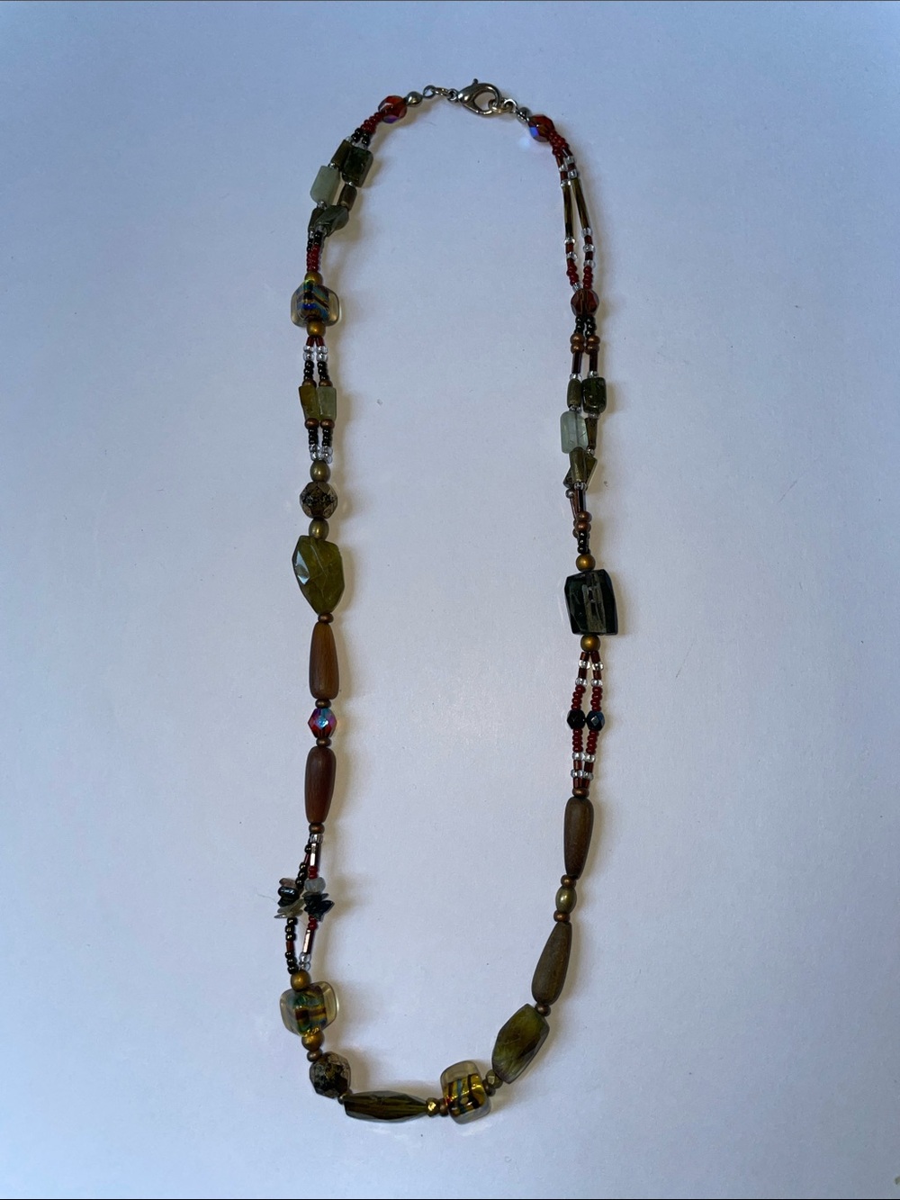 Handcrafted Green and Brown Beaded Necklace.  18”.